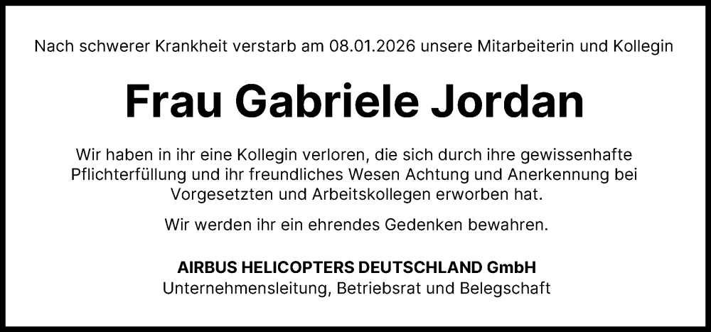  Traueranzeige für Gabriele Jordan vom 22.01.2026 aus Donauwörther Zeitung