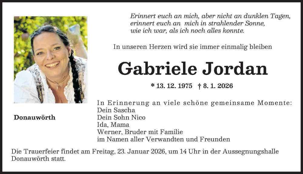  Traueranzeige für Gabriele Jordan vom 17.01.2026 aus Donauwörther Zeitung