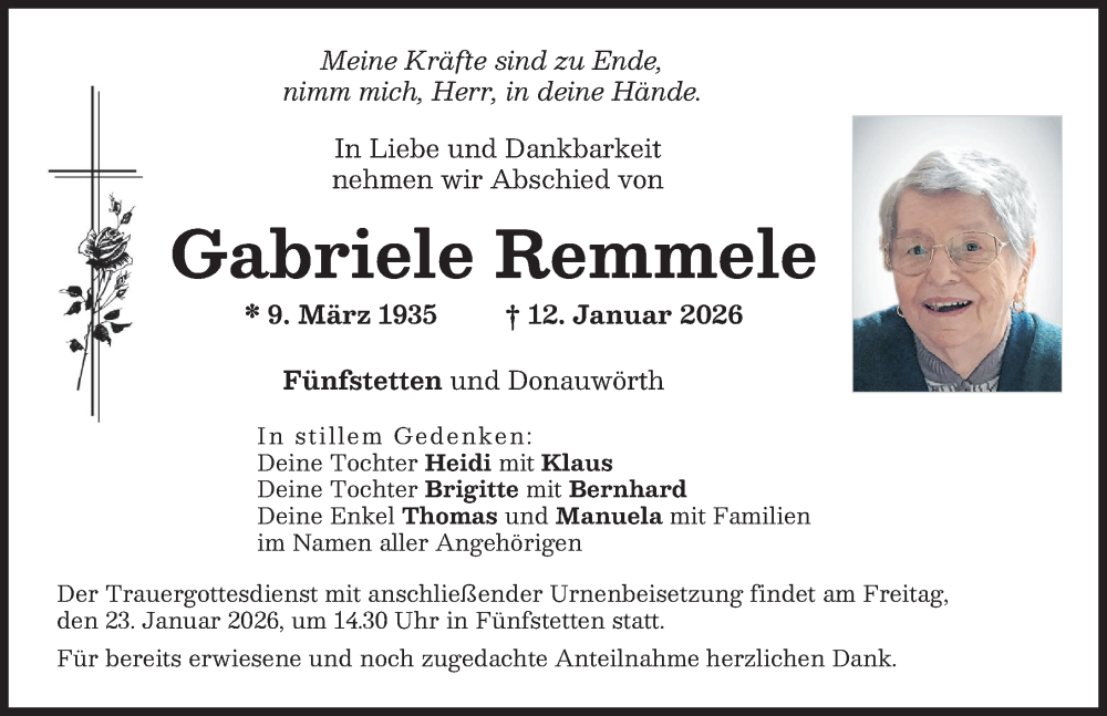 Traueranzeige von Gabriele Remmele von Donauwörther Zeitung
