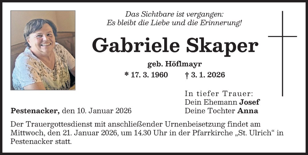  Traueranzeige für Gabriele Skaper vom 10.01.2026 aus Landsberger Tagblatt