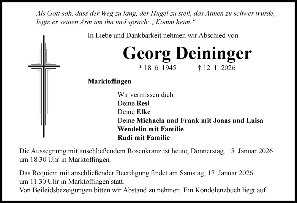  Traueranzeige für Georg Deininger vom 15.01.2026 aus Rieser Nachrichten