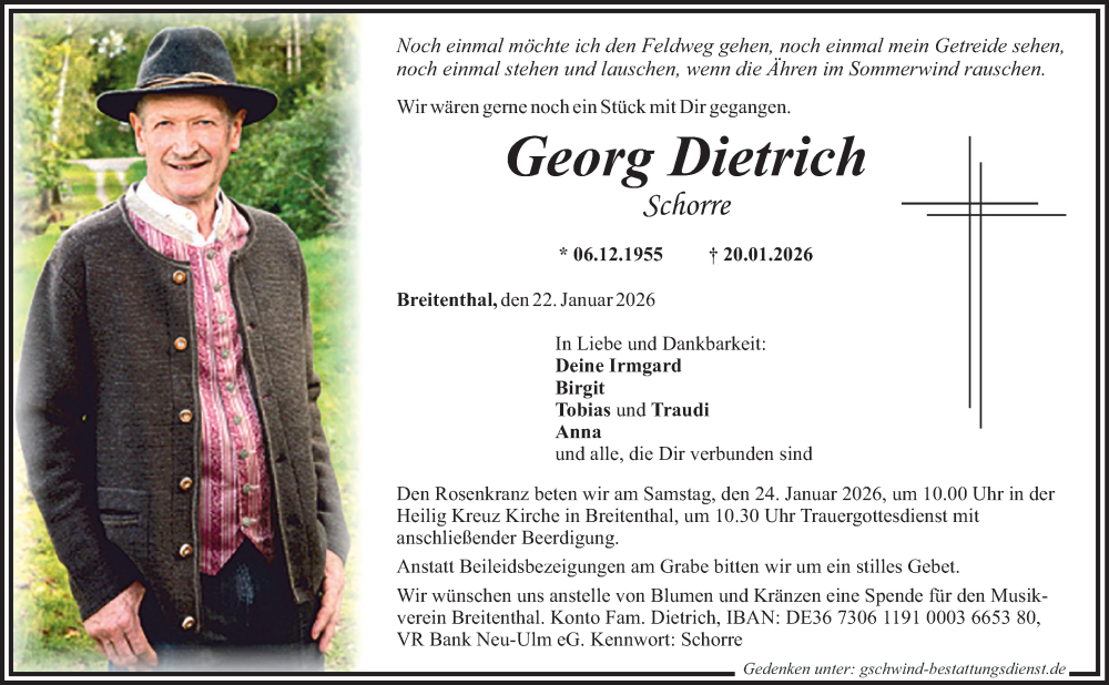  Traueranzeige für Georg Dietrich vom 22.01.2026 aus Mittelschwäbische Nachrichten