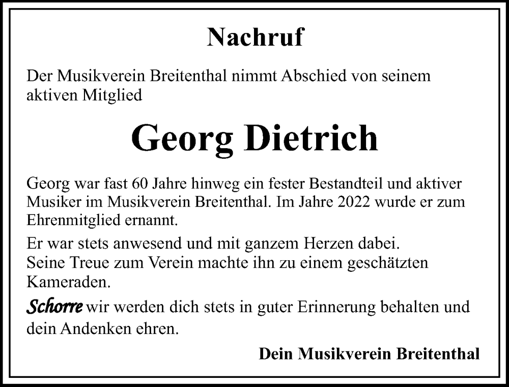 Traueranzeige von Georg Dietrich von Mittelschwäbische Nachrichten