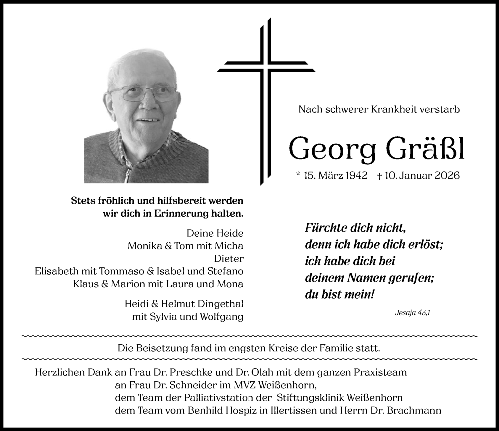 Traueranzeige für Georg Gräßl vom 28.01.2026 aus Illertisser Zeitung, Neu-Ulmer Zeitung