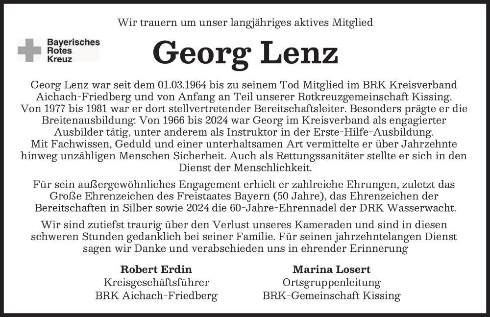  Traueranzeige für Georg Lenz vom 22.01.2026 aus Friedberger Allgemeine