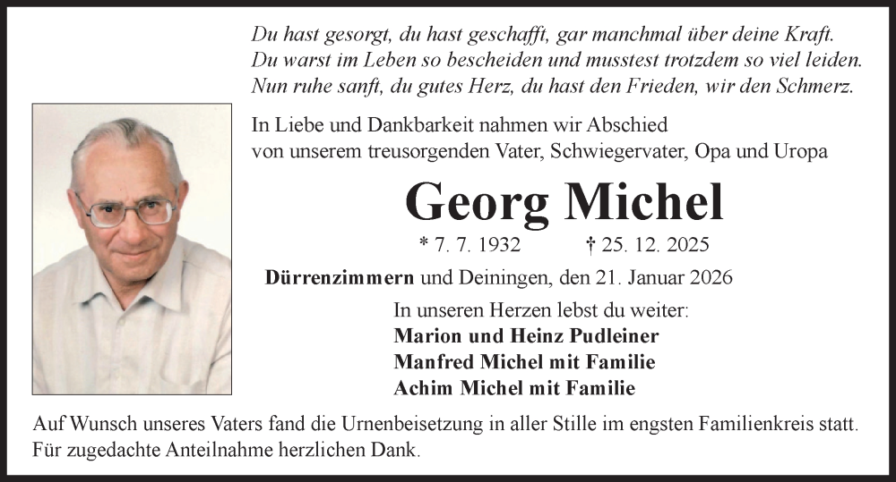  Traueranzeige für Georg Michel vom 21.01.2026 aus Rieser Nachrichten