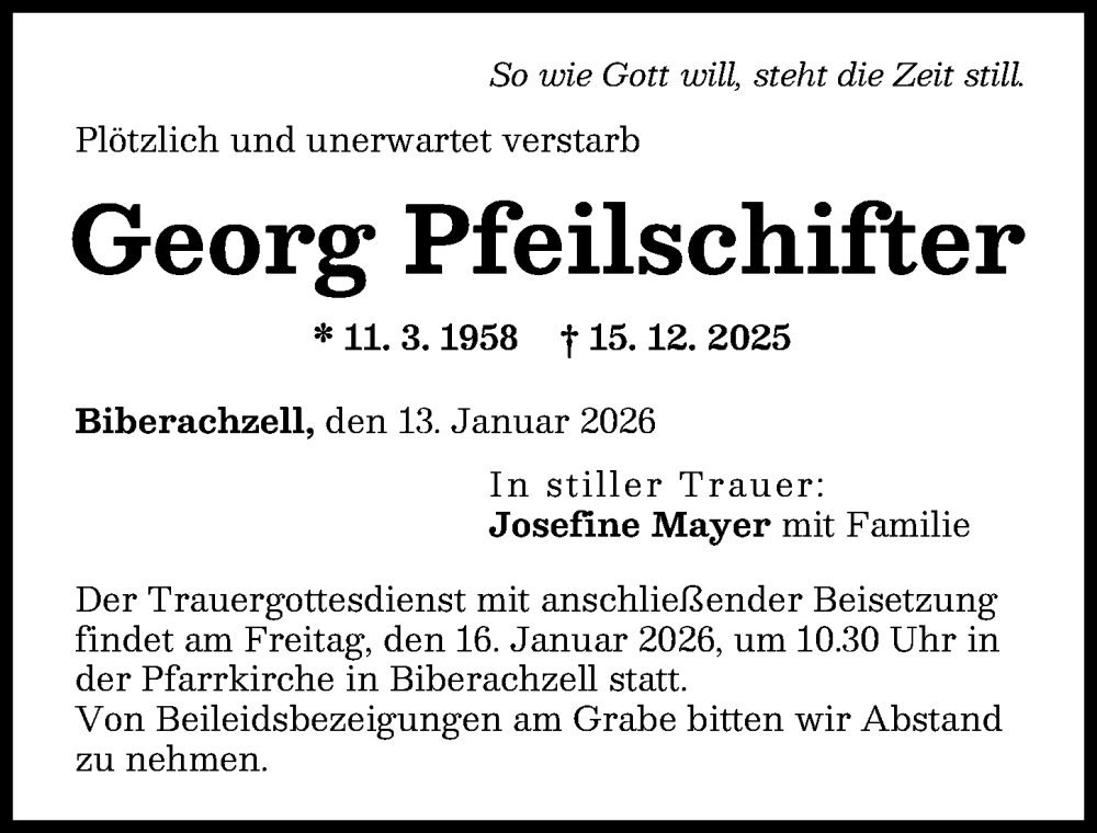  Traueranzeige für Georg Pfeilschifter vom 13.01.2026 aus Neu-Ulmer Zeitung