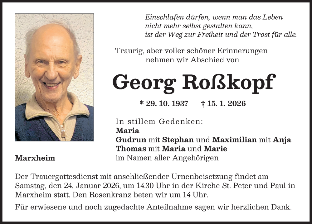  Traueranzeige für Georg Roßkopf vom 21.01.2026 aus Donauwörther Zeitung