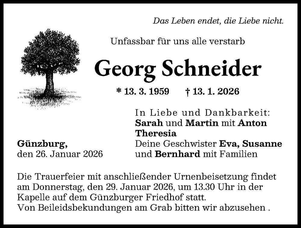  Traueranzeige für Georg Schneider vom 26.01.2026 aus Günzburger Zeitung