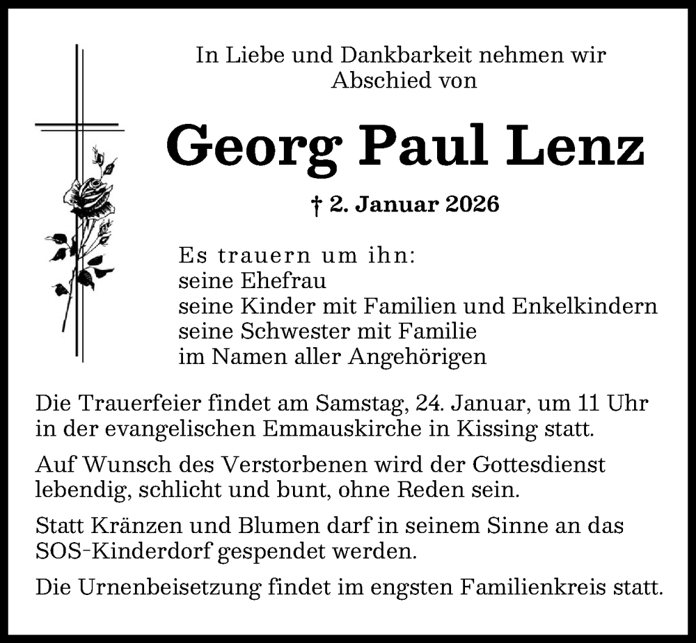  Traueranzeige für Georg Paul Lenz vom 20.01.2026 aus Friedberger Allgemeine
