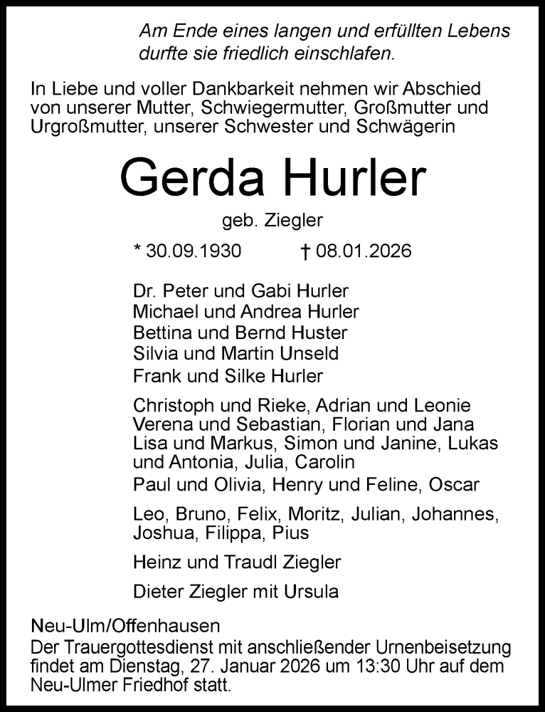  Traueranzeige für Gerda Hurler vom 17.01.2026 aus Neu-Ulmer Zeitung, Augsburger Allgemeine