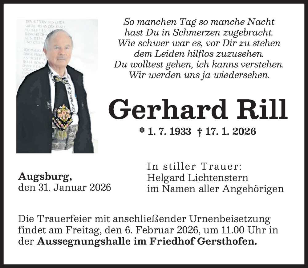  Traueranzeige für Gerhard Rill vom 31.01.2026 aus Augsburger Allgemeine