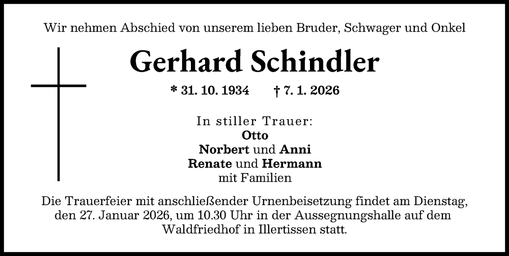  Traueranzeige für Gerhard Schindler vom 23.01.2026 aus Illertisser Zeitung