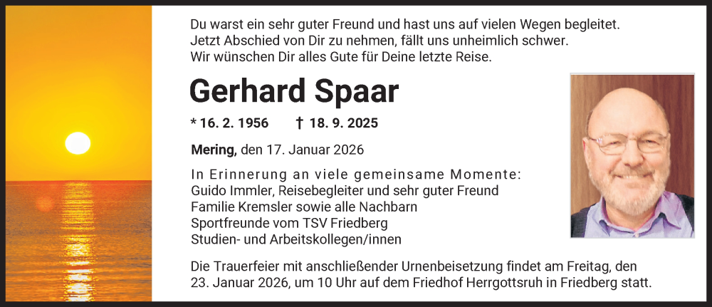  Traueranzeige für Gerhard Spaar vom 17.01.2026 aus Augsburger Allgemeine