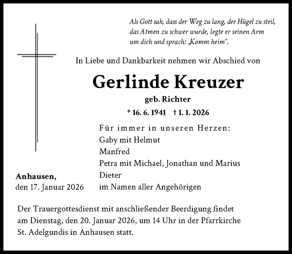  Traueranzeige für Gerlinde Kreuzer vom 17.01.2026 aus Augsburg-Land
