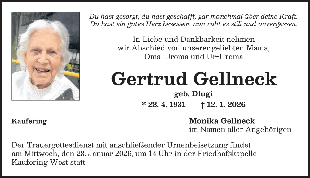  Traueranzeige für Gertrud Gellneck vom 24.01.2026 aus Landsberger Tagblatt