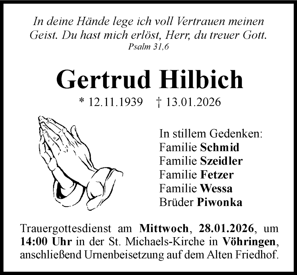  Traueranzeige für Gertrud Hilbich vom 24.01.2026 aus Illertisser Zeitung