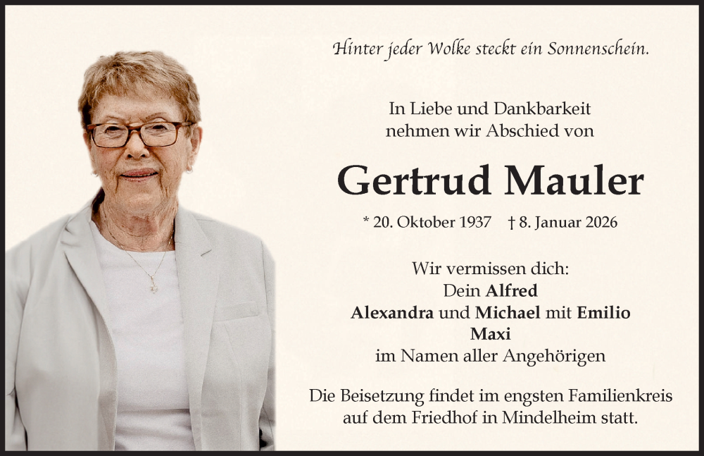  Traueranzeige für Gertrud Mauler vom 17.01.2026 aus Mindelheimer Zeitung
