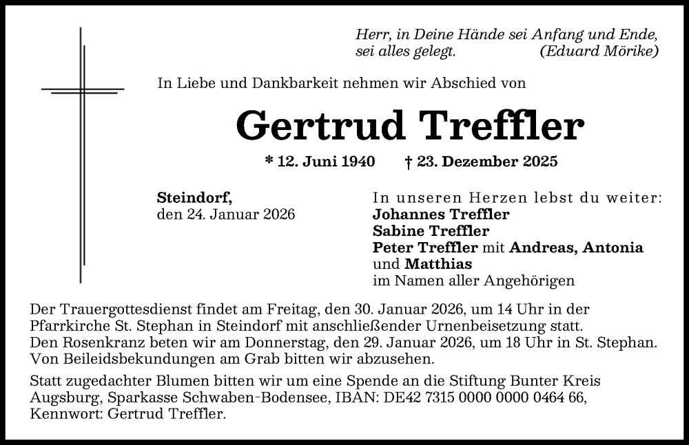  Traueranzeige für Gertrud Treffler vom 24.01.2026 aus Friedberger Allgemeine
