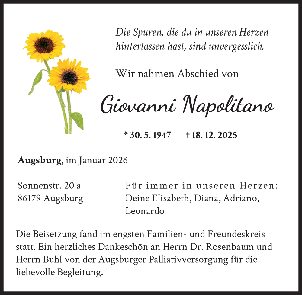  Traueranzeige für Giovanni Napolitano vom 31.01.2026 aus Augsburger Allgemeine