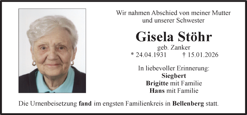  Traueranzeige für Gisela Stöhr vom 29.01.2026 aus Illertisser Zeitung