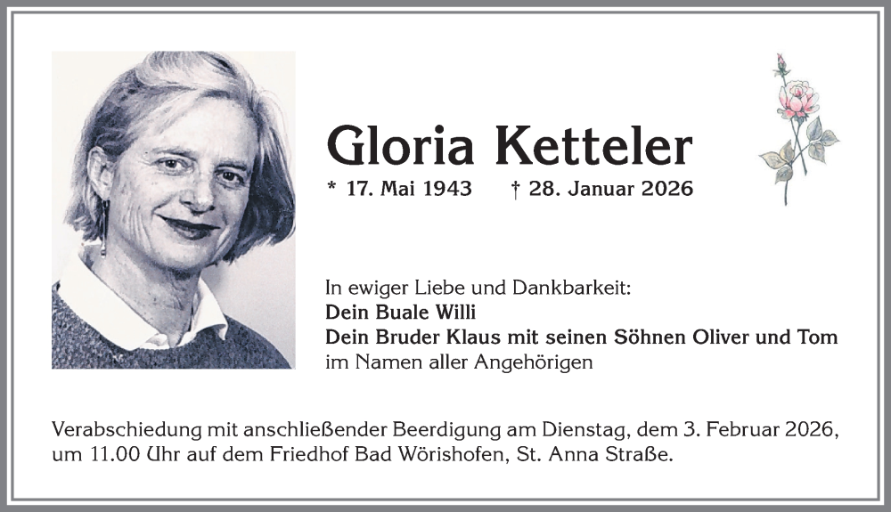  Traueranzeige für Gloria Ketteler vom 31.01.2026 aus Mindelheimer Zeitung