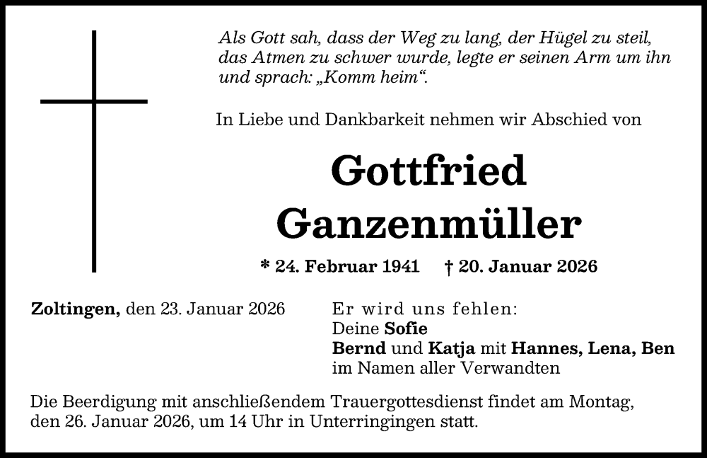  Traueranzeige für Gottfried Ganzenmüller vom 23.01.2026 aus Rieser Nachrichten