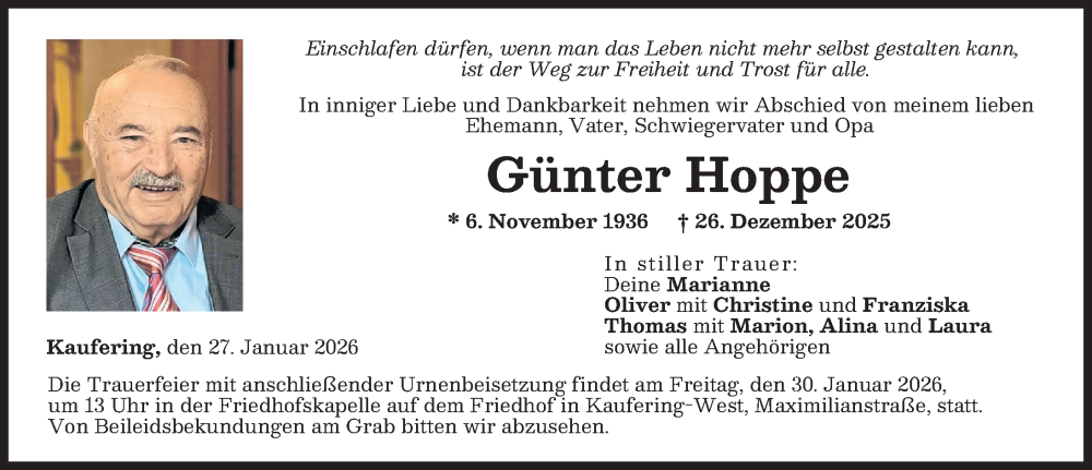  Traueranzeige für Günter Hoppe vom 27.01.2026 aus Landsberger Tagblatt