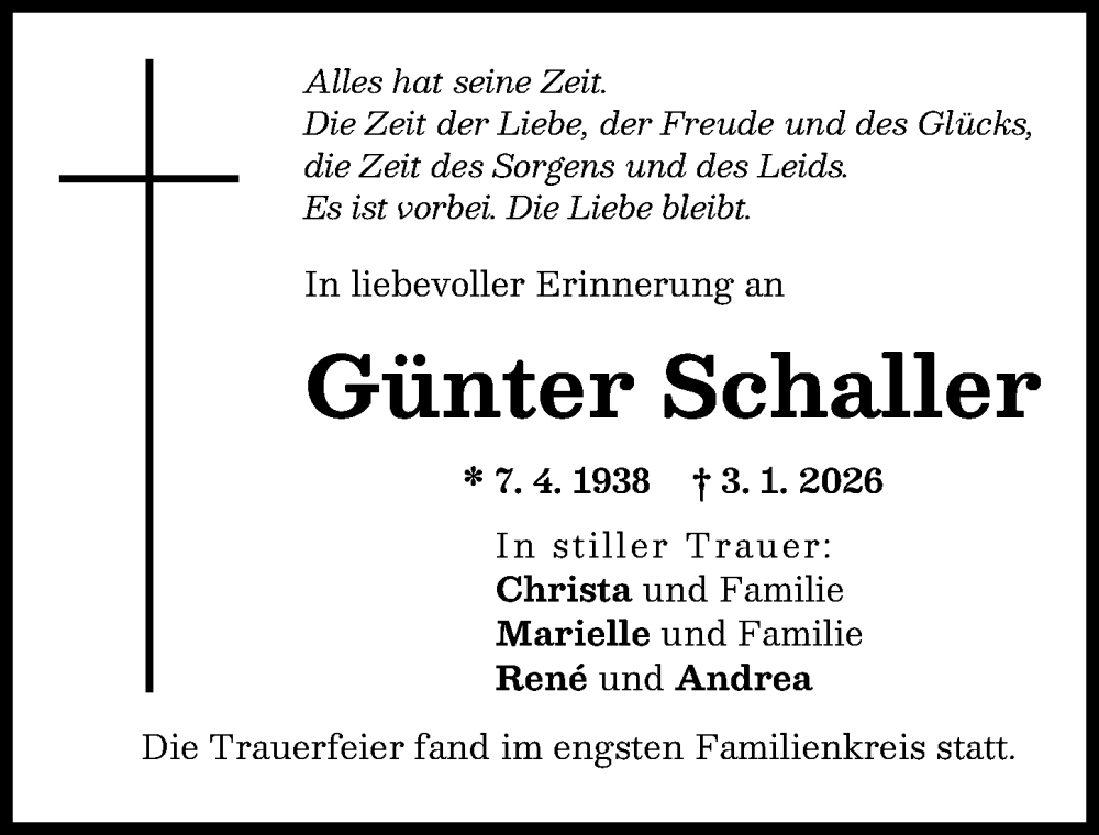  Traueranzeige für Günter Schaller vom 31.01.2026 aus Augsburg-Land