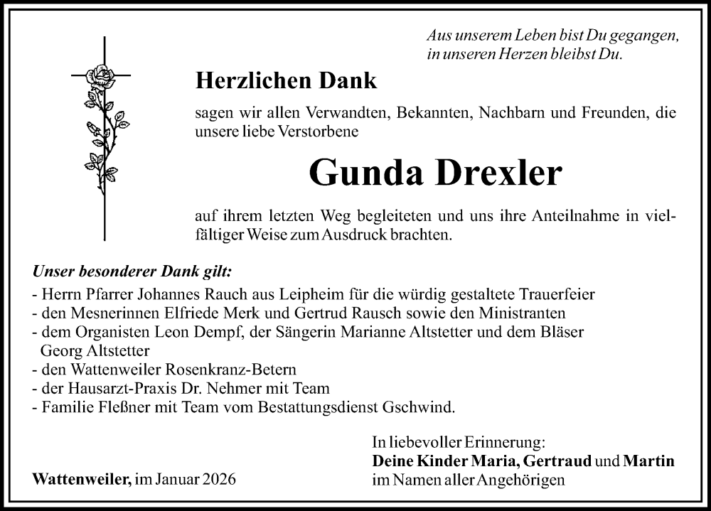  Traueranzeige für Gunda Drexler vom 17.01.2026 aus Mittelschwäbische Nachrichten