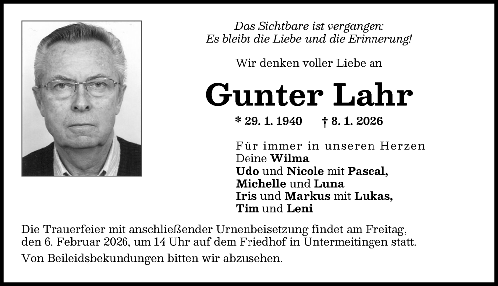  Traueranzeige für Gunter Lahr vom 31.01.2026 aus Schwabmünchner Allgemeine