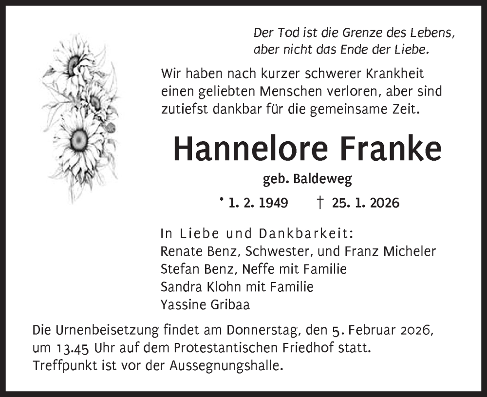  Traueranzeige für Hannelore Franke vom 31.01.2026 aus Augsburger Allgemeine