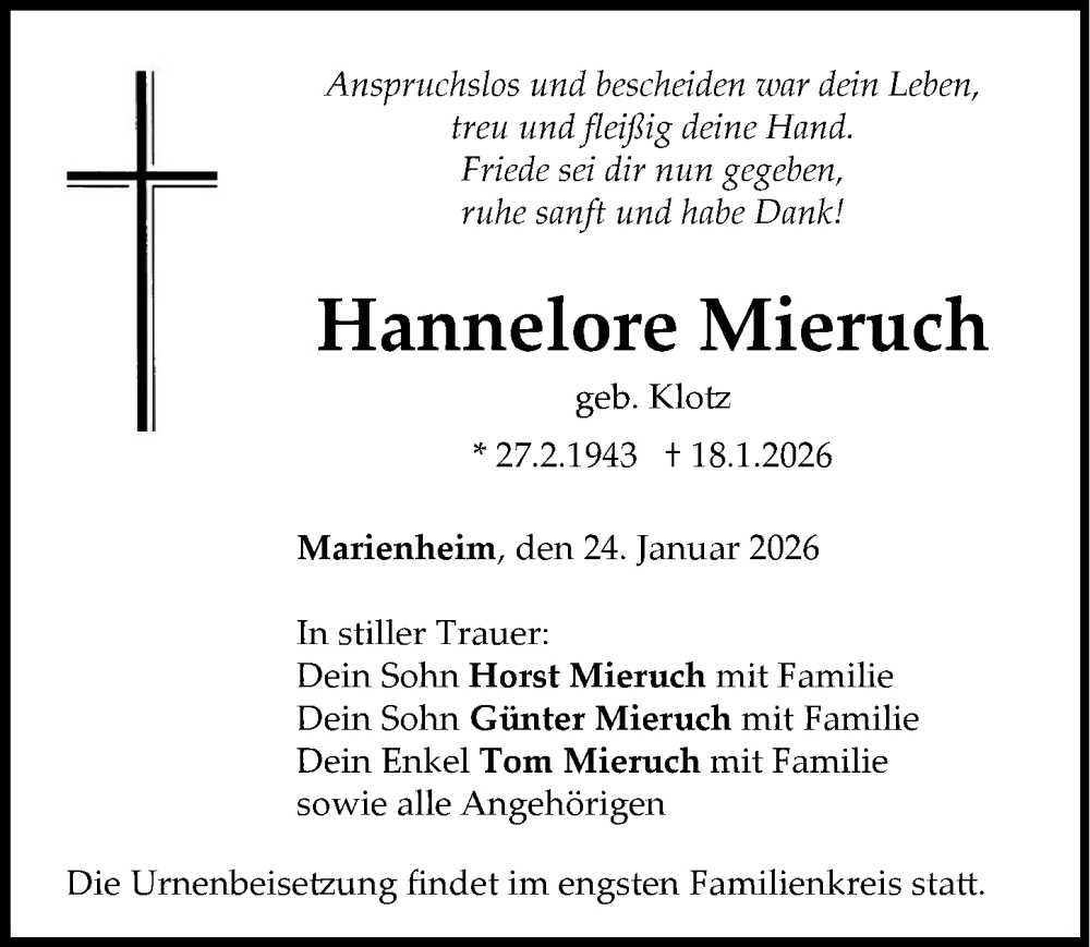  Traueranzeige für Hannelore Mieruch vom 24.01.2026 aus Neuburger Rundschau