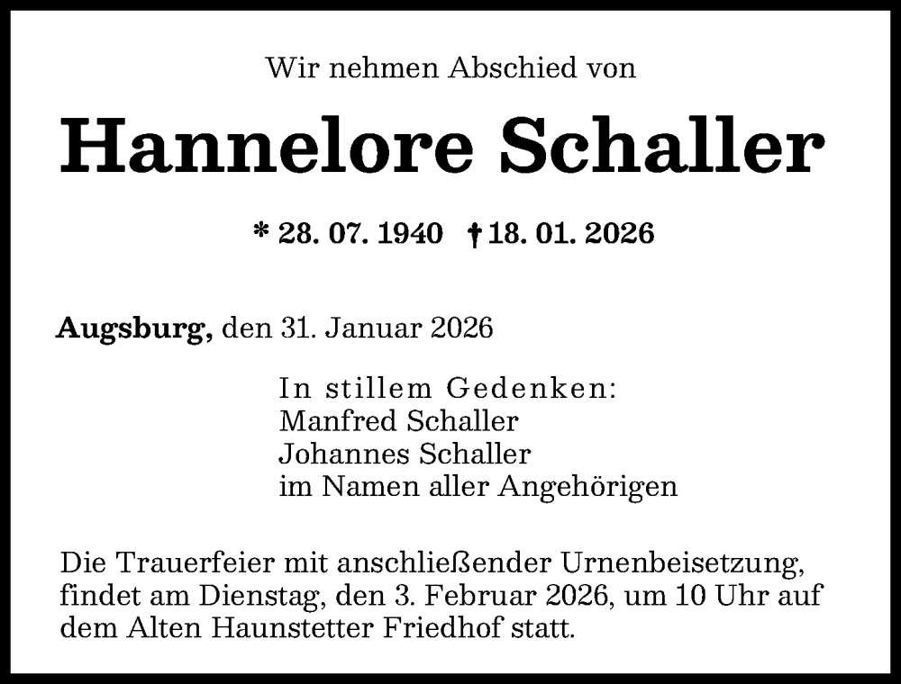  Traueranzeige für Hannelore Schaller vom 31.01.2026 aus Augsburger Allgemeine