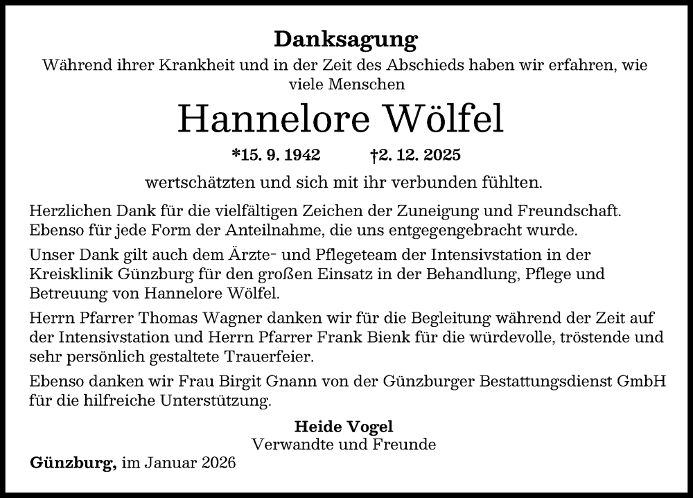  Traueranzeige für Hannelore Wölfel vom 20.01.2026 aus Günzburger Zeitung