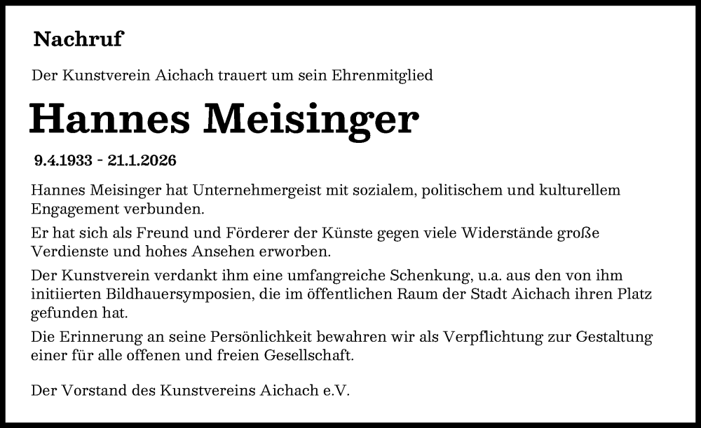  Traueranzeige für Hannes Meisinger vom 31.01.2026 aus Aichacher Nachrichten
