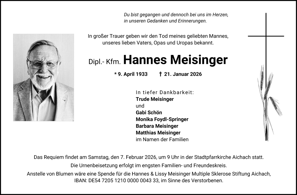  Traueranzeige für Hannes Meisinger vom 31.01.2026 aus Augsburger Allgemeine, Aichacher Nachrichten