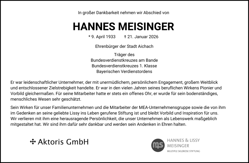  Traueranzeige für Hannes Meisinger vom 31.01.2026 aus Augsburger Allgemeine, Aichacher Nachrichten