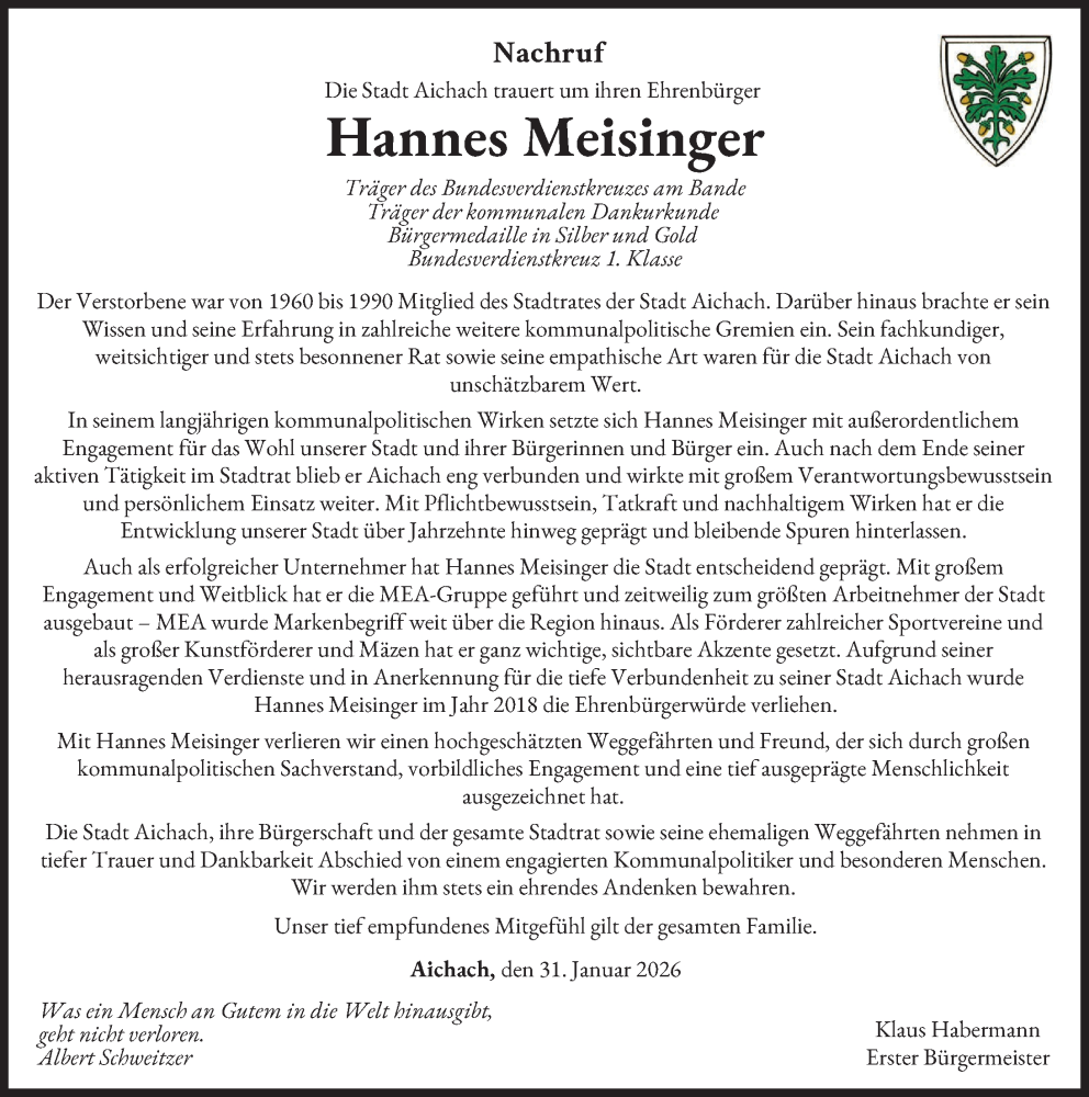  Traueranzeige für Hannes Meisinger vom 31.01.2026 aus Aichacher Nachrichten
