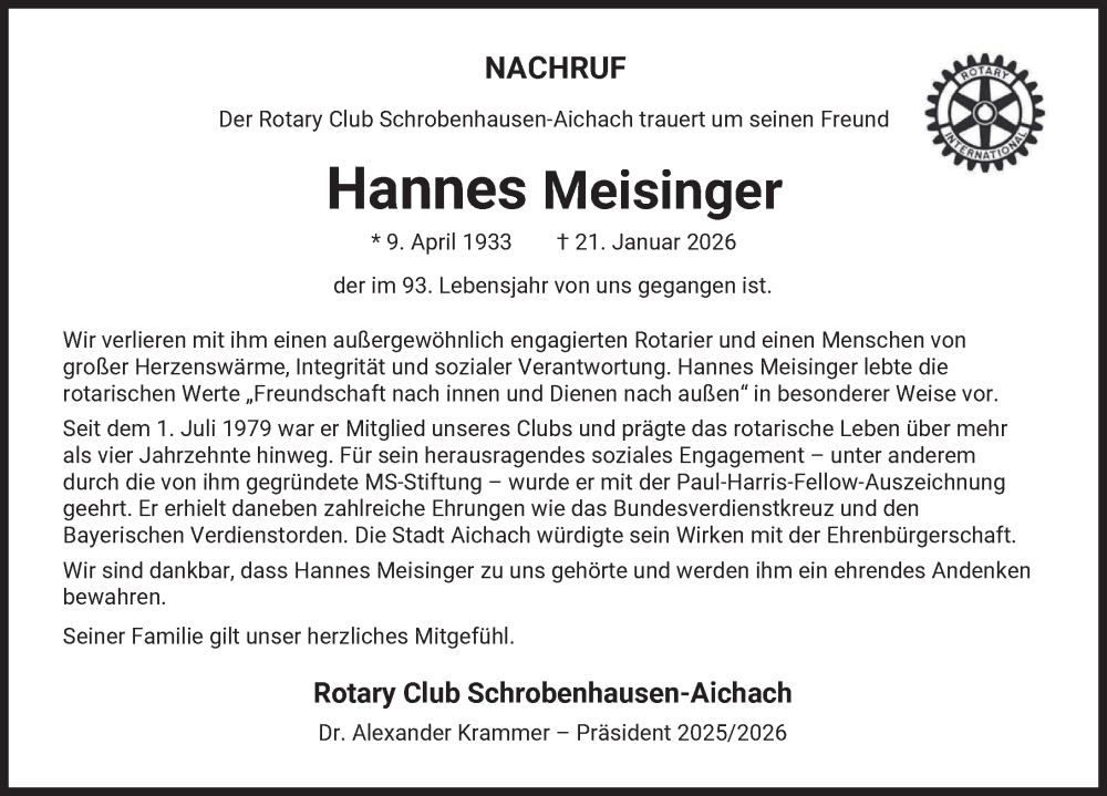  Traueranzeige für Hannes Meisinger vom 31.01.2026 aus Aichacher Nachrichten