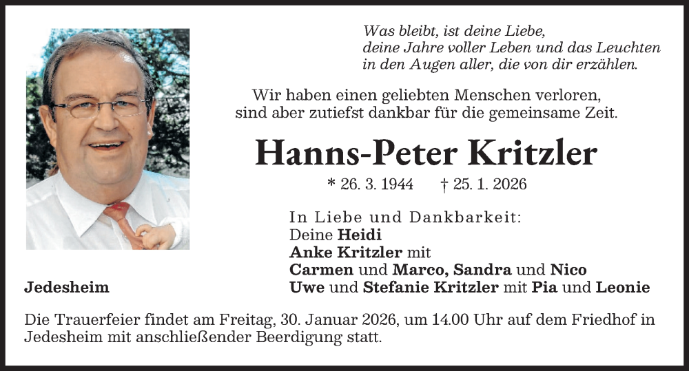 Traueranzeige für Hanns-Peter Kritzler vom 27.01.2026 aus Illertisser Zeitung