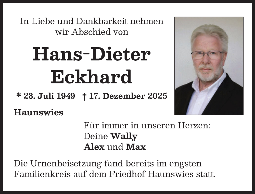  Traueranzeige für Hans-Dieter Eckhard vom 17.01.2026 aus Aichacher Nachrichten