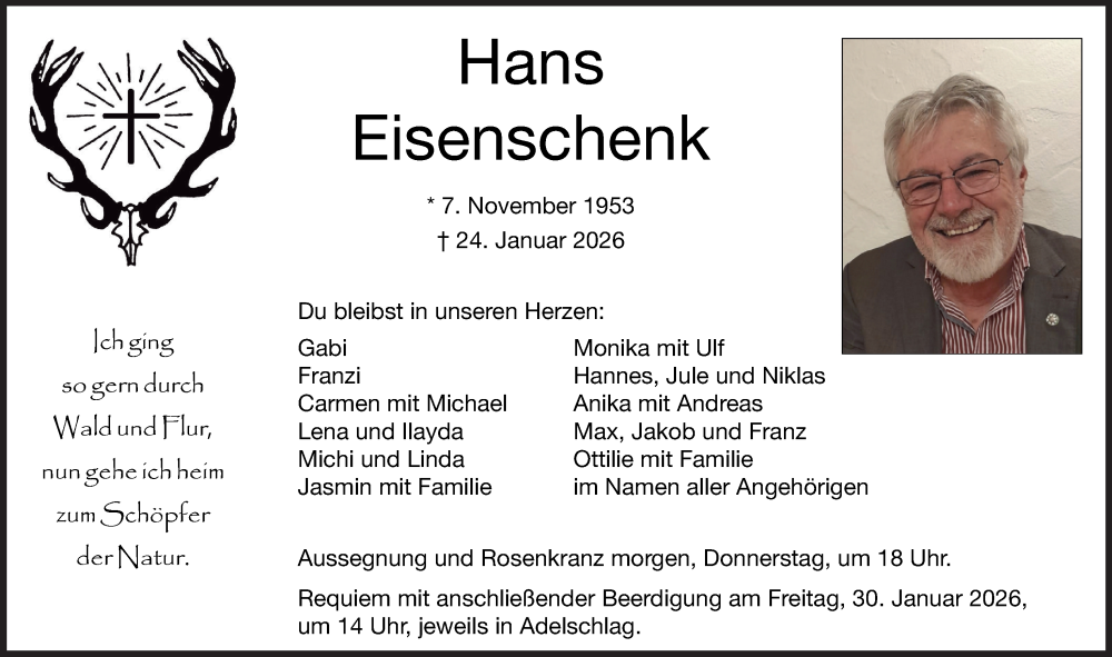 Traueranzeige für Hans Eisenschenk vom 28.01.2026 aus Neuburger Rundschau