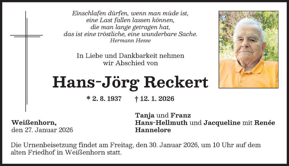  Traueranzeige für Hans-Jörg Reckert vom 27.01.2026 aus Neu-Ulmer Zeitung