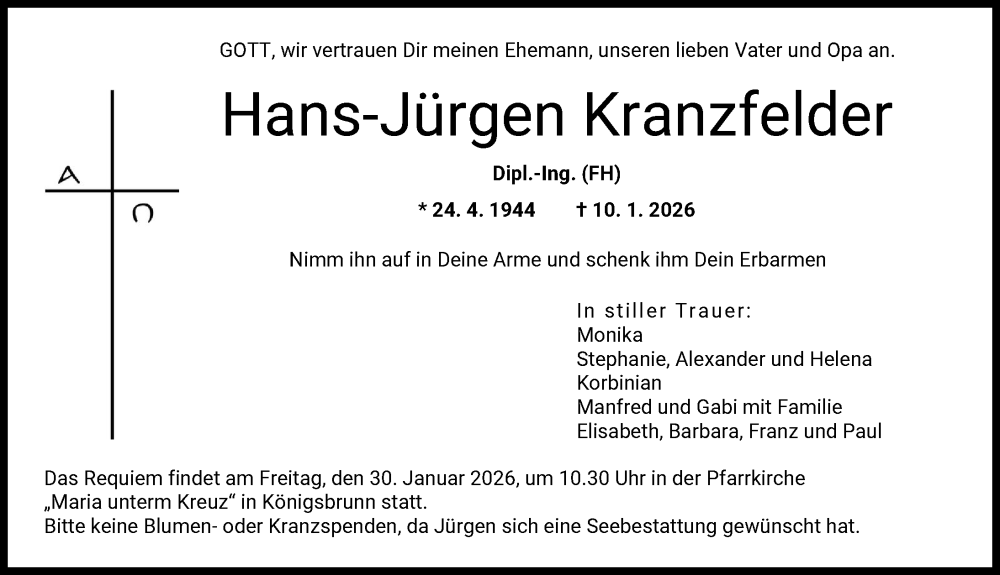  Traueranzeige für Hans-Jürgen Kranzfelder vom 17.01.2026 aus Augsburger Allgemeine