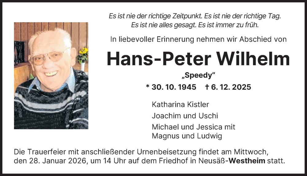  Traueranzeige für Hans-Peter Wilhelm vom 17.01.2026 aus Augsburger Allgemeine