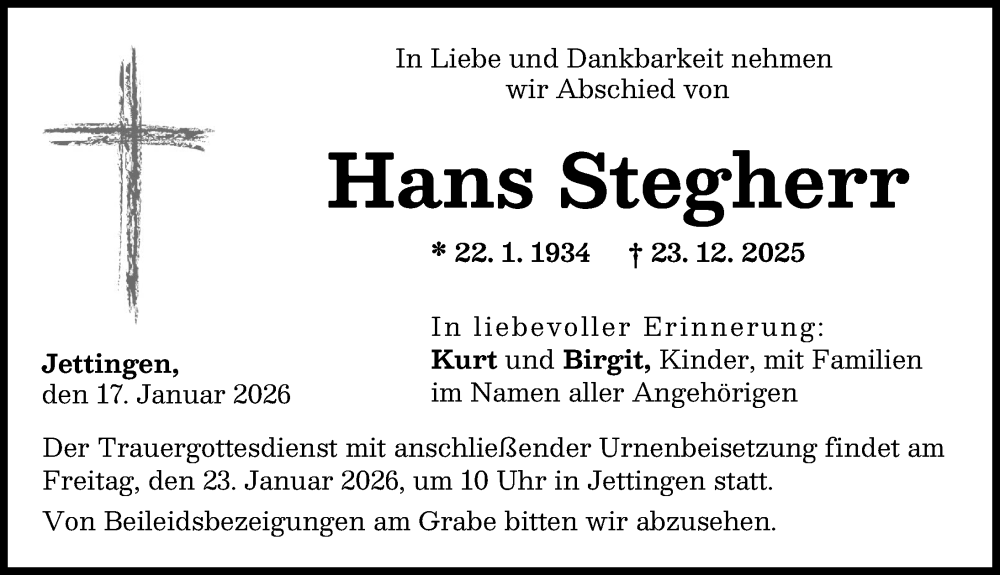  Traueranzeige für Hans Stegherr vom 17.01.2026 aus Günzburger Zeitung