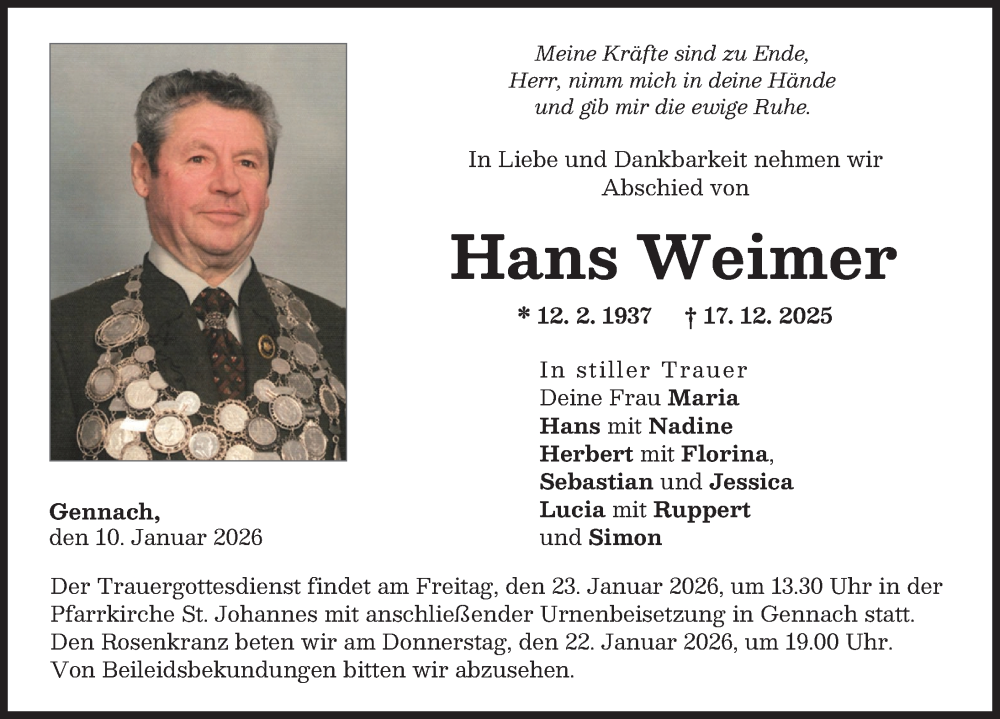 Traueranzeige von Hans Weimer von Schwabmünchner Allgemeine
