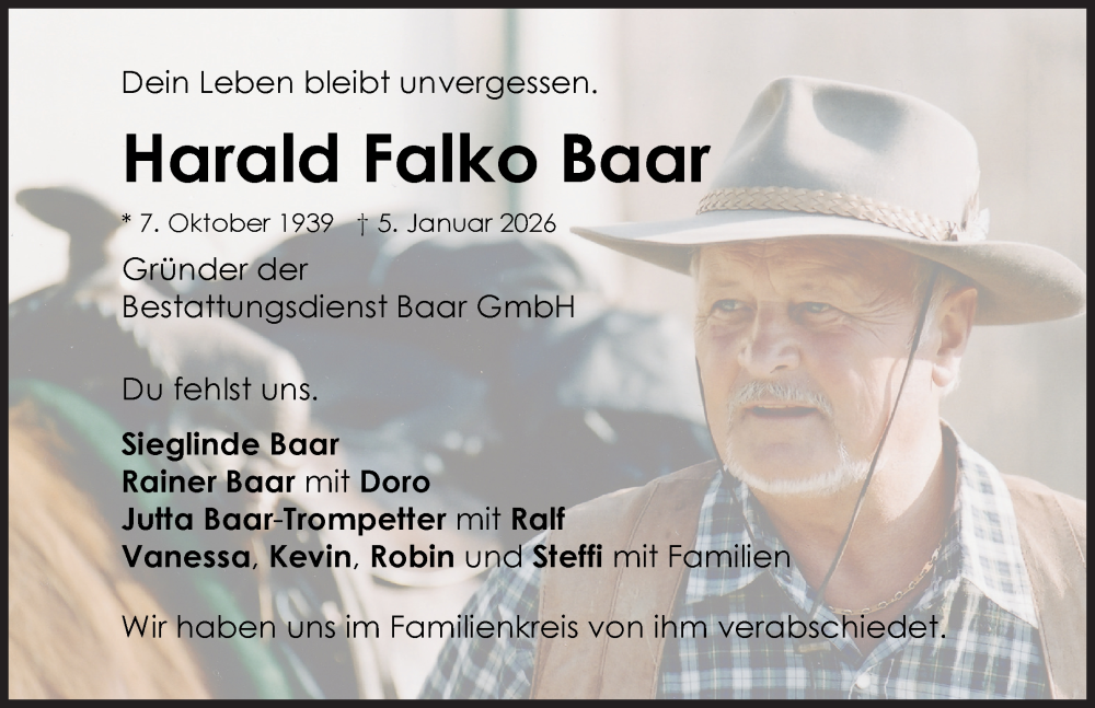  Traueranzeige für Harald Falko Baar vom 21.01.2026 aus Neu-Ulmer Zeitung