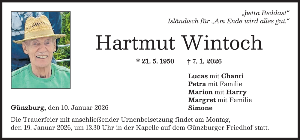  Traueranzeige für Hartmut Wintoch vom 10.01.2026 aus Günzburger Zeitung